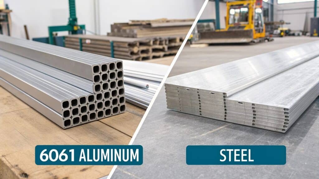 A visual comparison of equal-sized blocks of 6061 aluminum and steel, with the aluminum block appearing significantly lighter to convey the density difference.